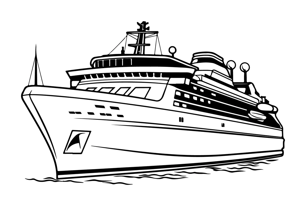Cruise Ship Line Art Drawing sailing waves antenna black white
