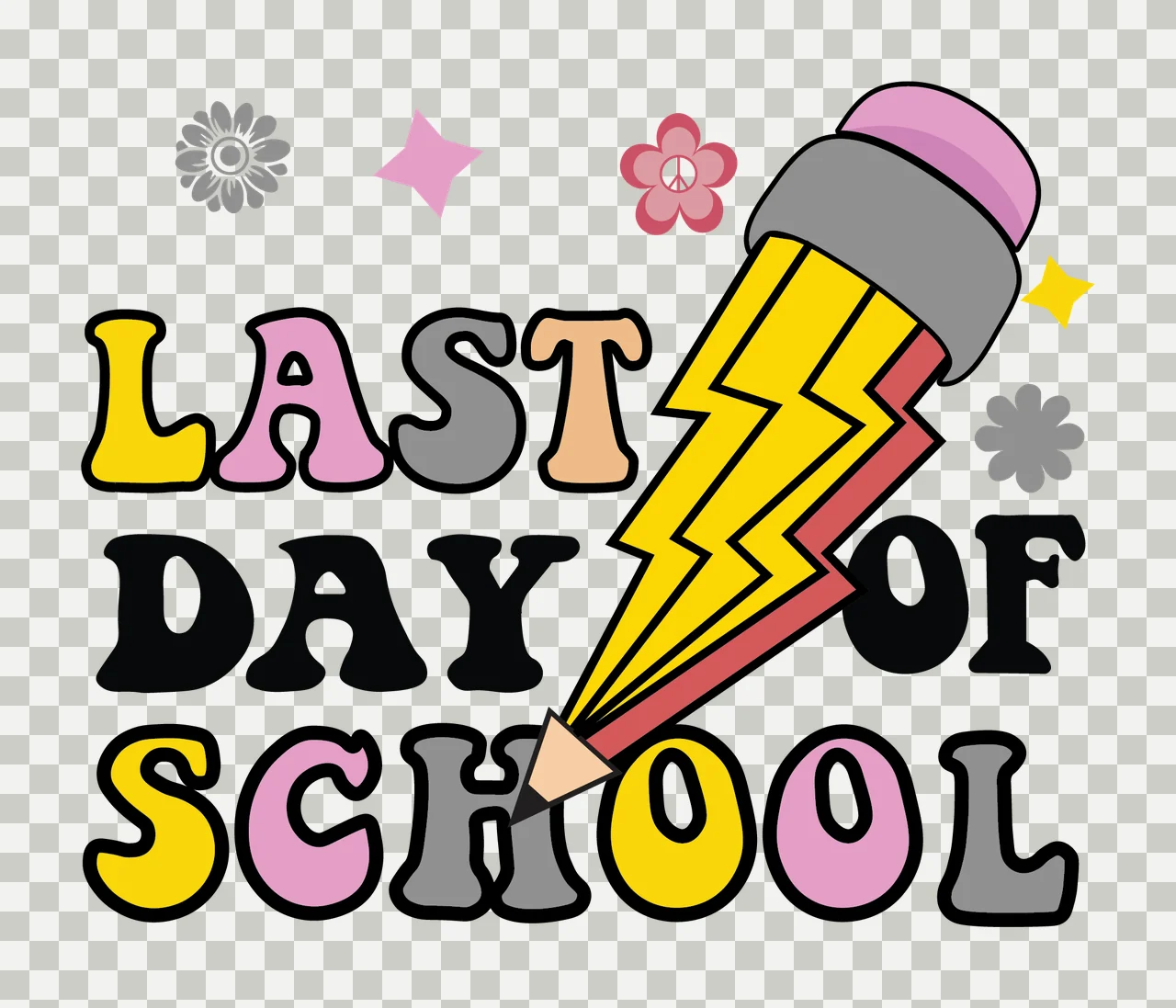 Last Day Of School Text With Pencil Lightning bolt flowers transparency and detail preview thumbnail