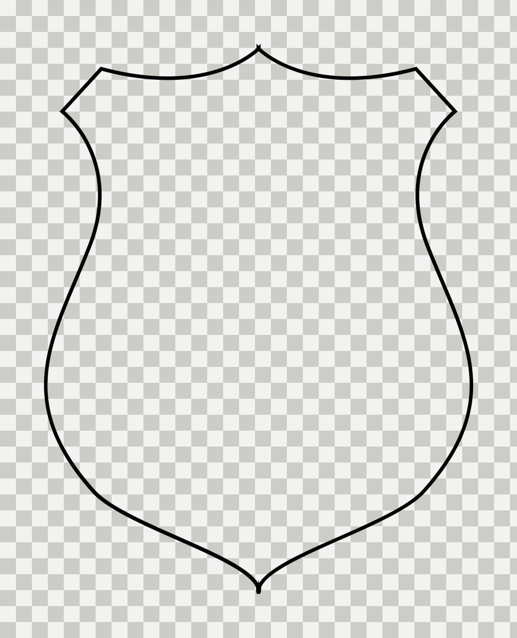 Line Art Illustration of shield outline with black line stroke, blank interior, curved top edge and pointed bottom in white transparency and detail preview thumbnail