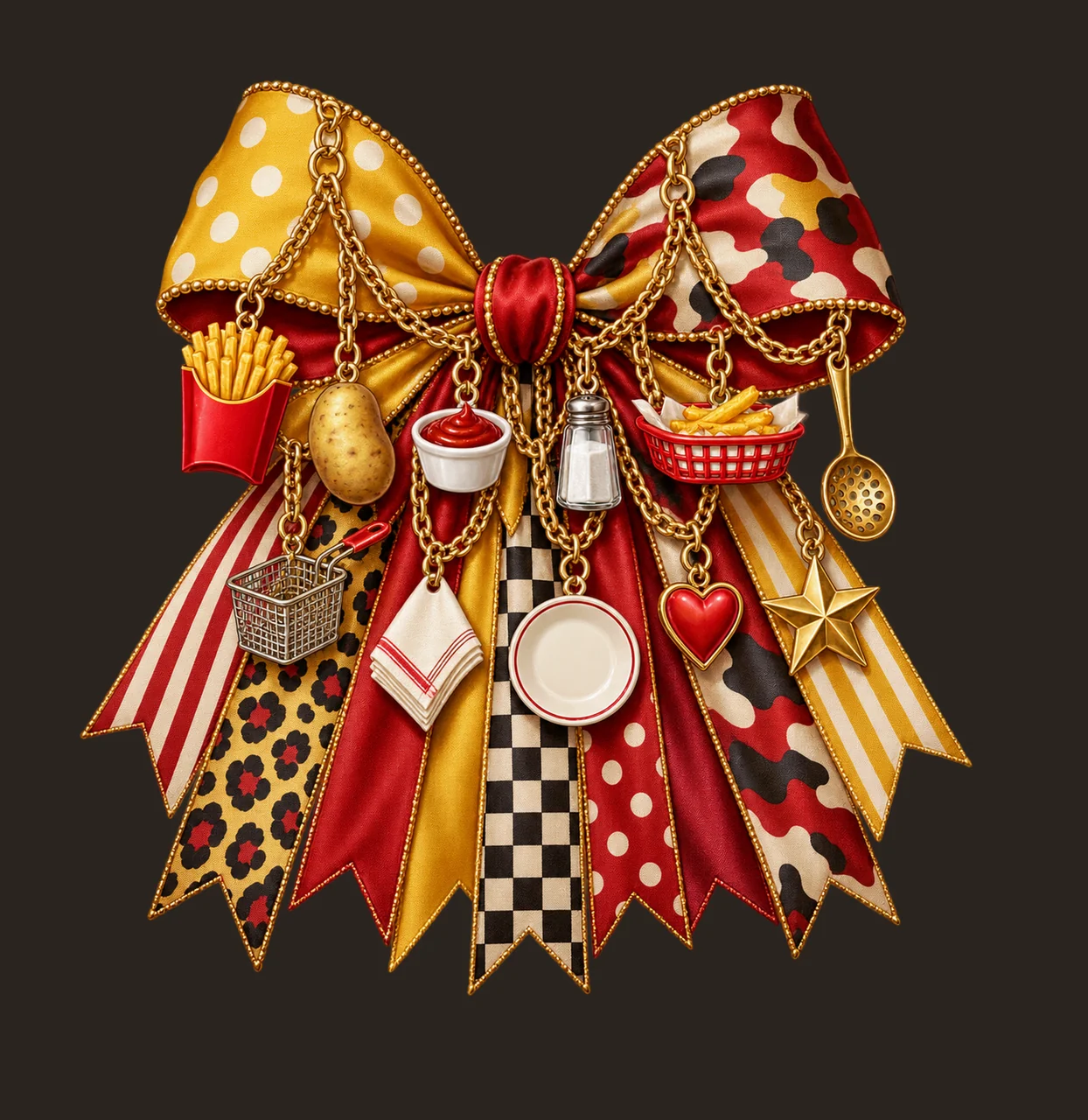 French Fry Lover Bow Charm PNG, Themed Gold Chain Charms, Coquette Ribbon Sublimation Design, Transparent Digital Download contrast preview thumbnail