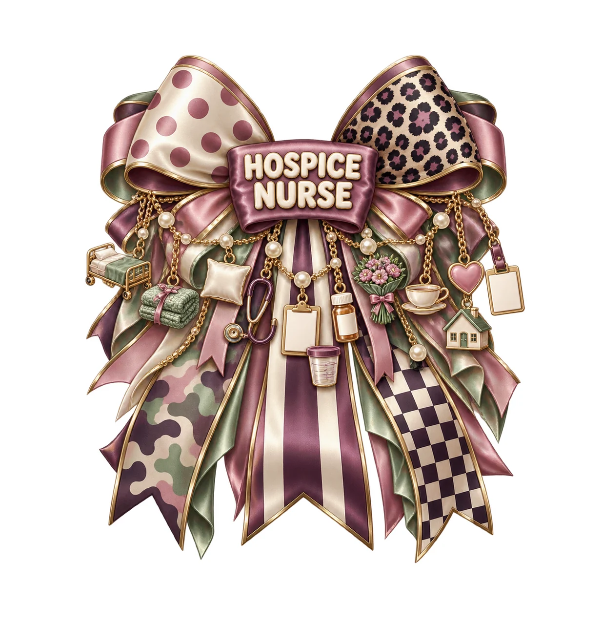 Hospice Nurse Bow Charm PNG, Gold Chain Charms, Transparent Sublimation Design, Digital Download