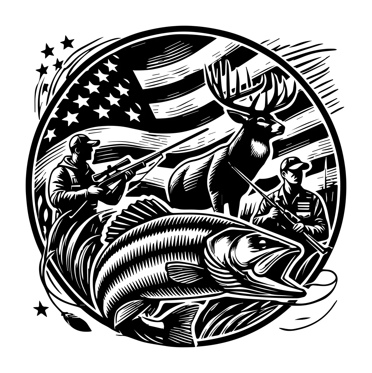 Hunting American Flag Featuring Theme Emblems scene deer fish