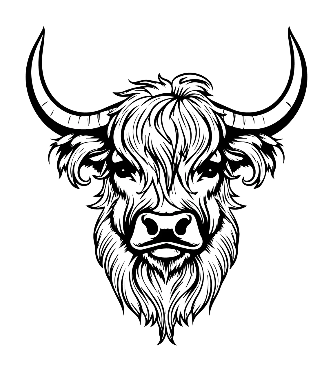 Black And White Bull Head Illustration horns fur eyes nose