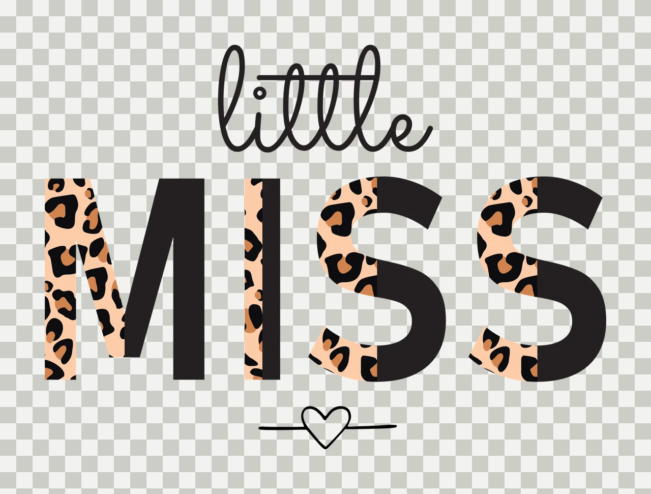 Little MISS Typography Design with cursive text, block lettering, leopard print pattern and heart outline icon in black, tan and brown transparency and detail preview thumbnail