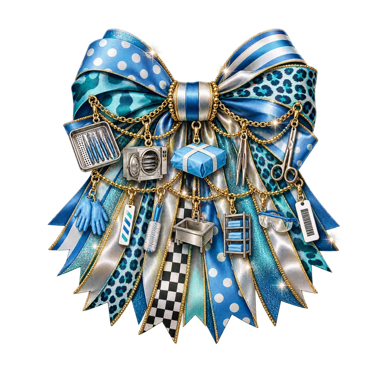 Sterile Processing Technician Bow Charm PNG, Themed Gold Chain Charms, Coquette Ribbon Sublimation Design, Transparent Digital Download