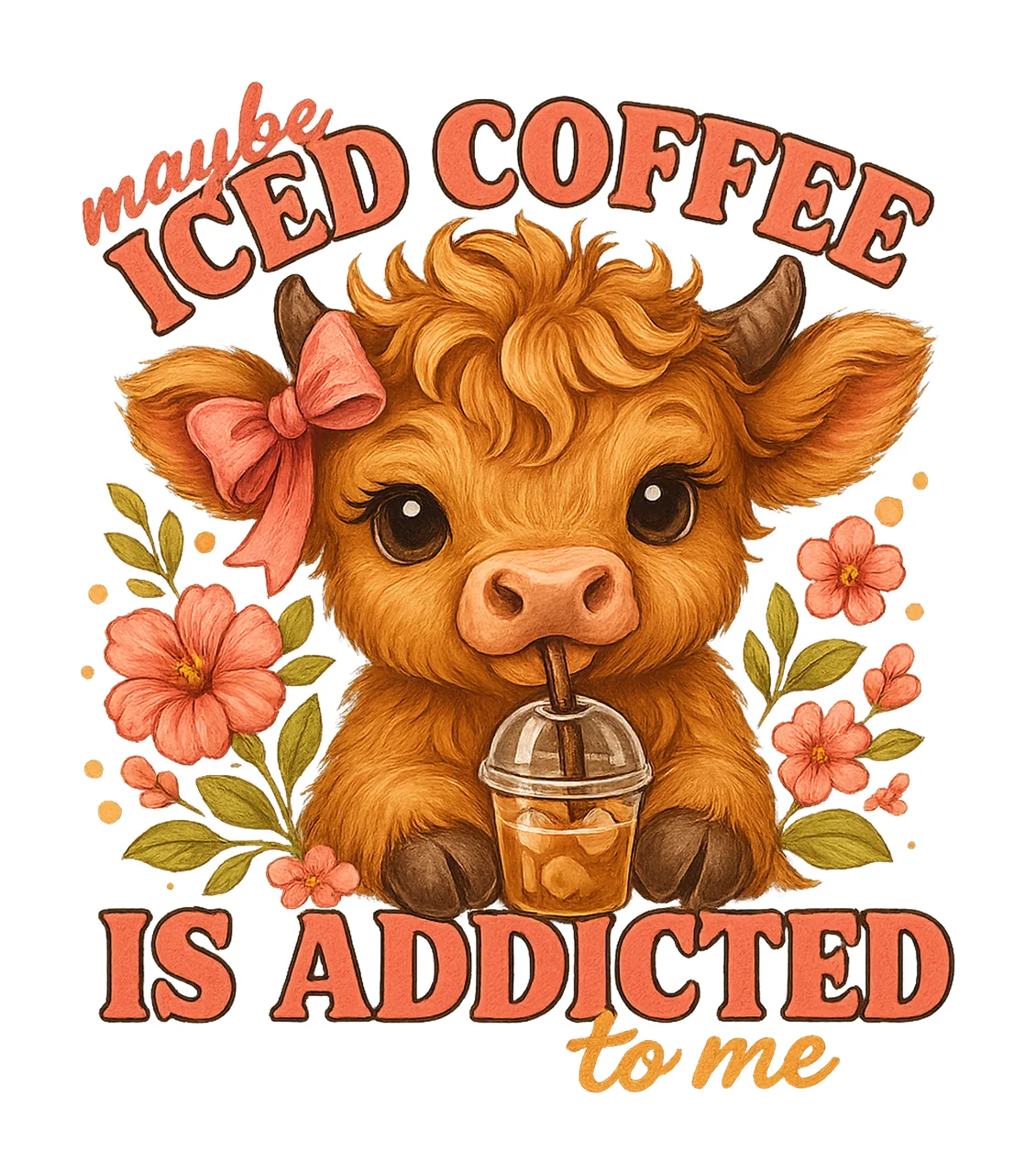 Highland Cow Coffee Sublimation Design Pink Bow Coquette