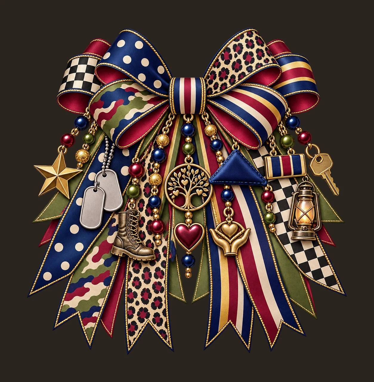 Veteran Family Support Bow Charm PNG, Boots Dog Tags Star and Heart Charms, Appreciation Sublimation Design, Transparent Download contrast preview thumbnail