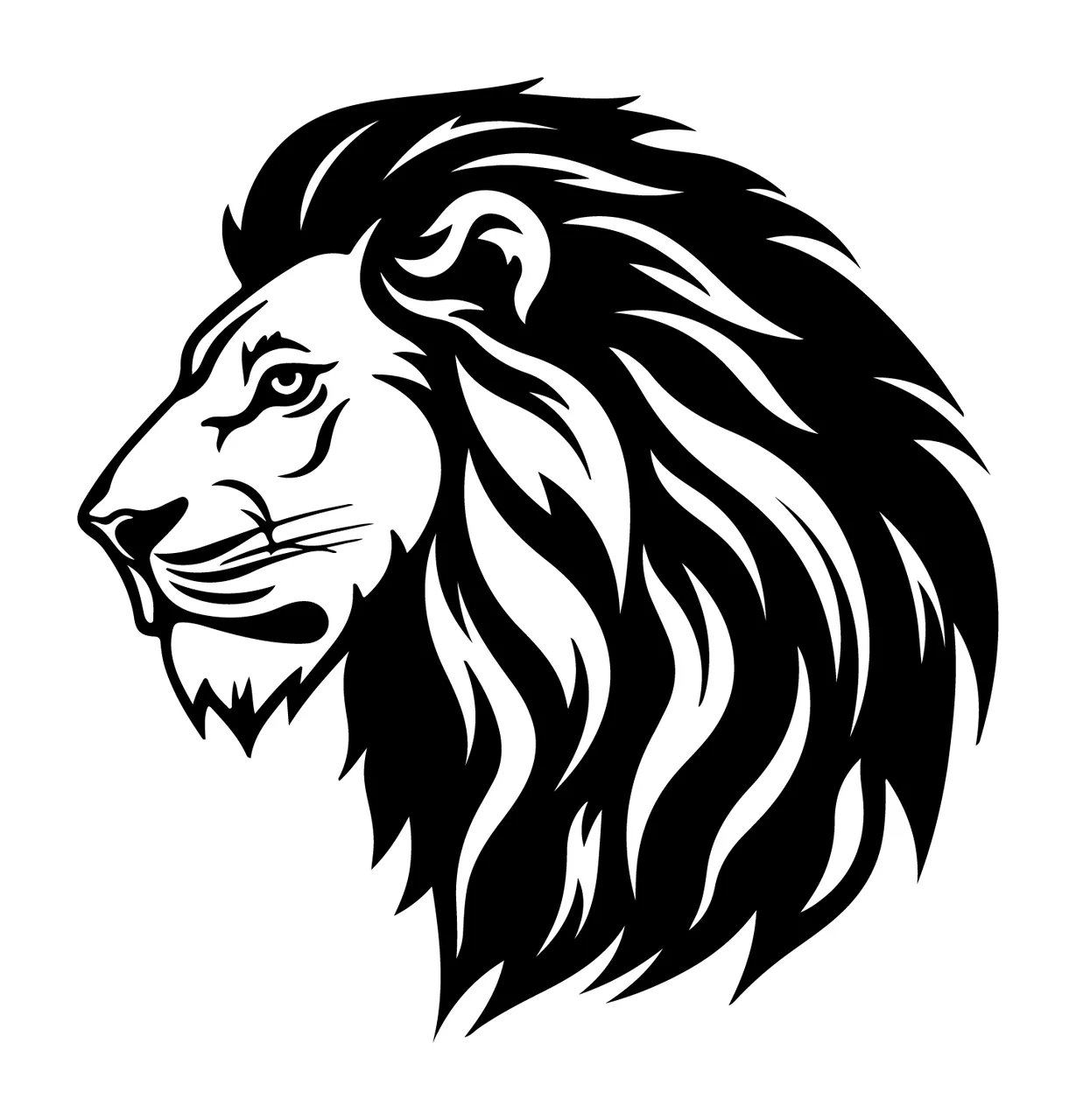 Lion Head Left Facing Silhouette mane black white animal side view