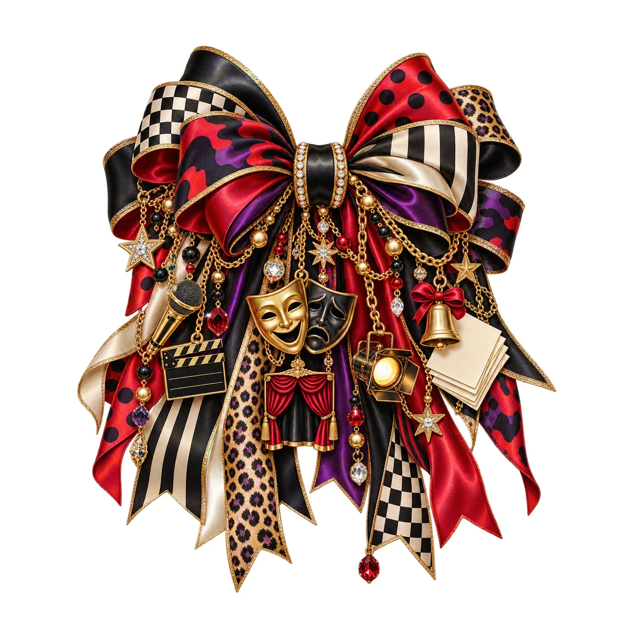 Drama Teacher Bow Charm PNG, Themed Gold Chain Charms, Coquette Ribbon Sublimation Design, Transparent Digital Download