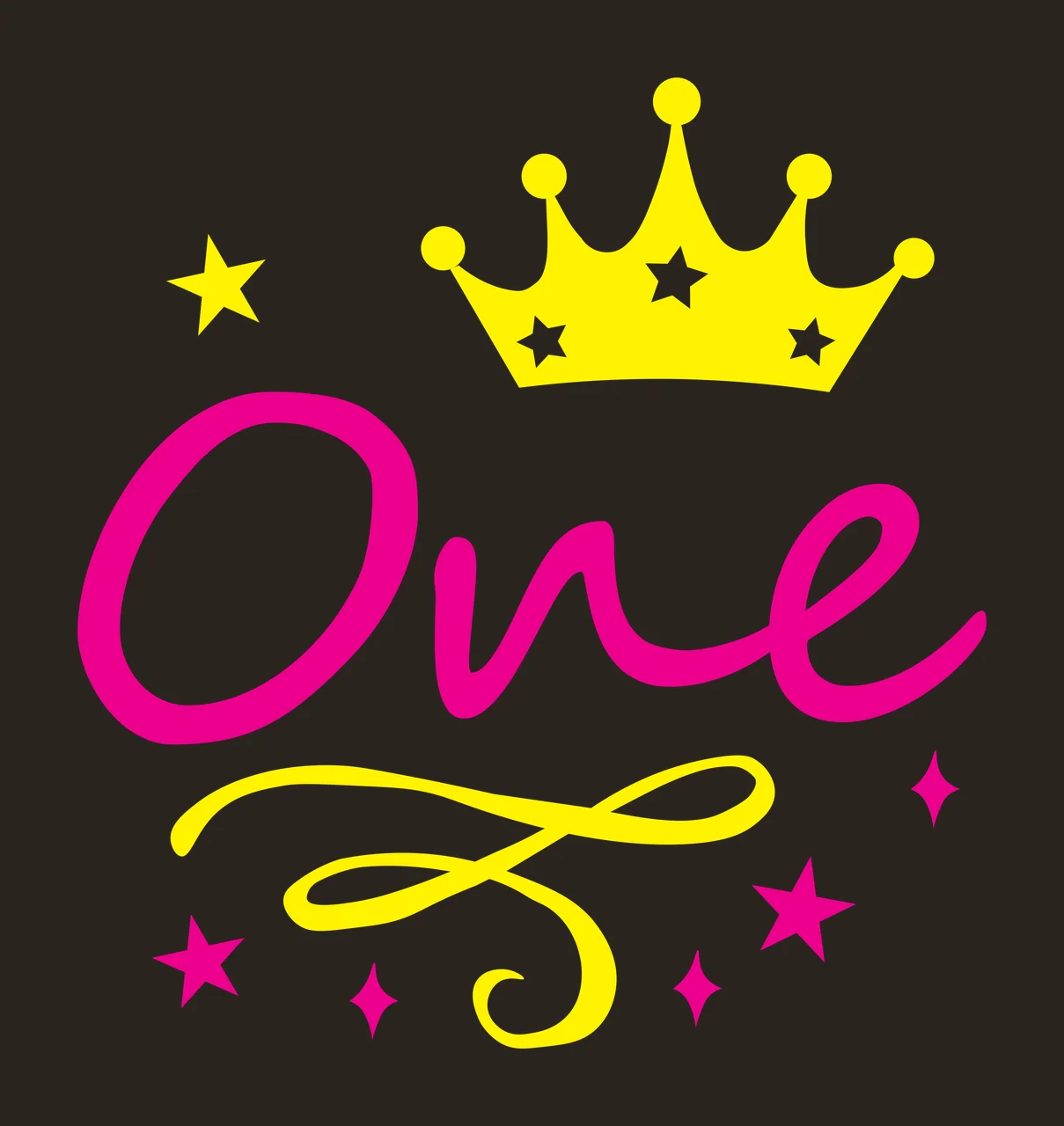 One First birthday Design with pink cursive text, yellow crown, white stars and yellow star contrast preview thumbnail