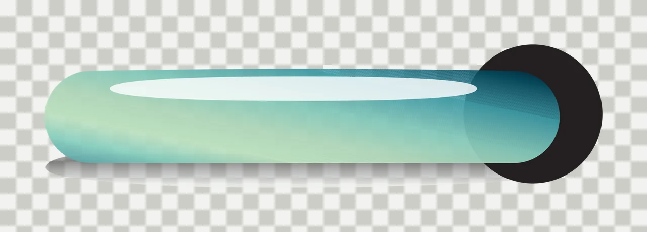 Horizontal UI bar element Illustration with capsule shape, black circular ring, glossy highlight and shadow in teal, green and blue transparency and detail preview thumbnail
