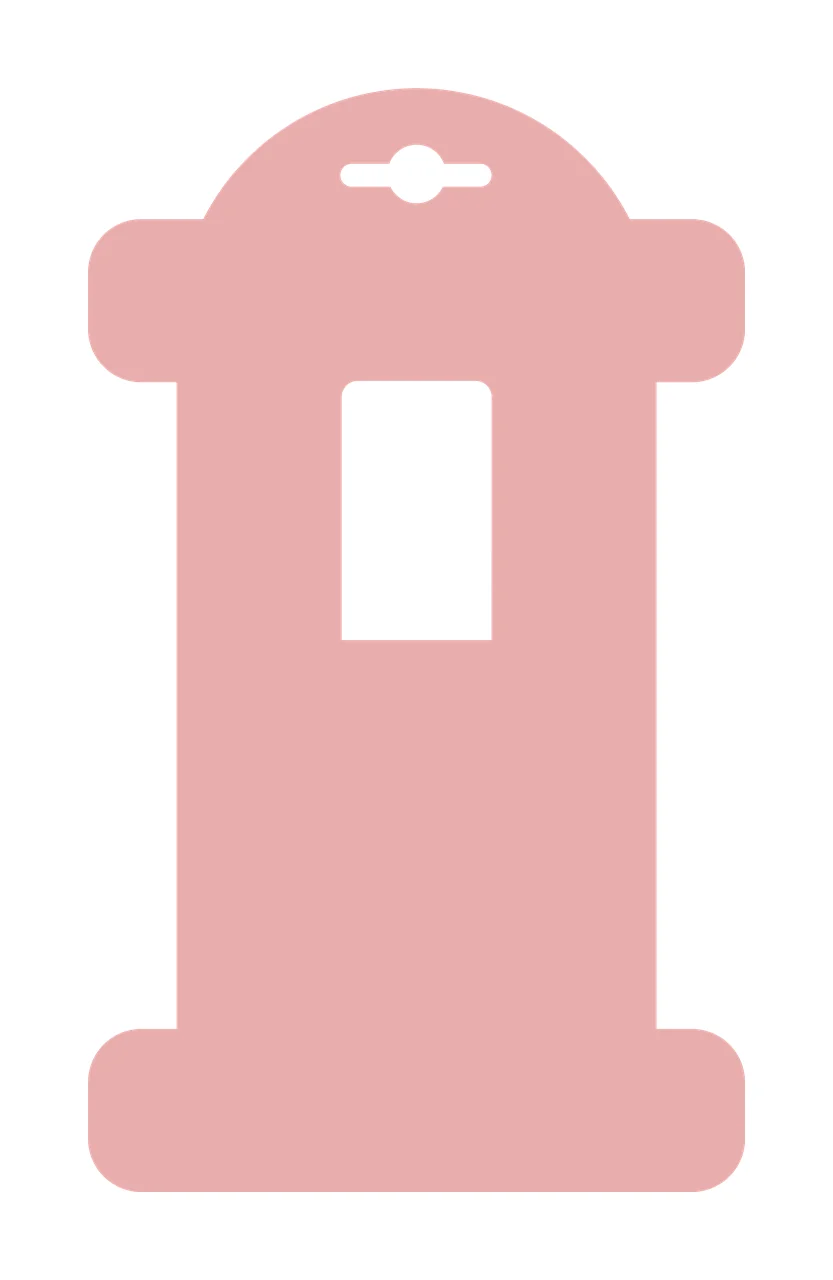 Silhouette Design of pink packaging tag template with hang tag silhouette, euro slot hole, rectangular window cutout and rounded dome top in dusty rose pink and white