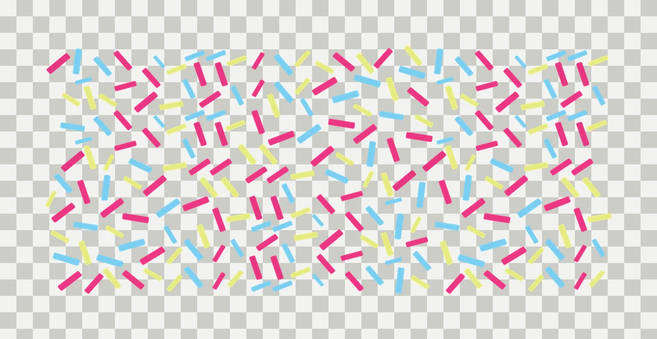 Sprinkles pattern Illustration with scattered sprinkles, rectangular shapes, random distribution and all-over pattern in pink, blue and yellow transparency and detail preview thumbnail