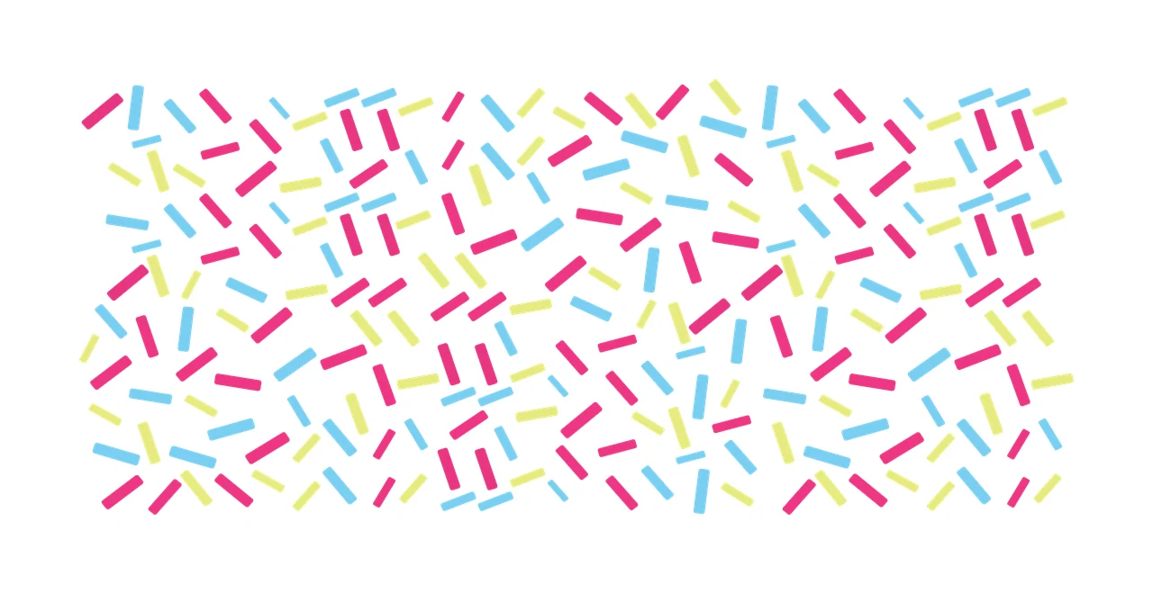 Sprinkles pattern Illustration with scattered sprinkles, rectangular shapes, random distribution and all-over pattern in pink, blue and yellow