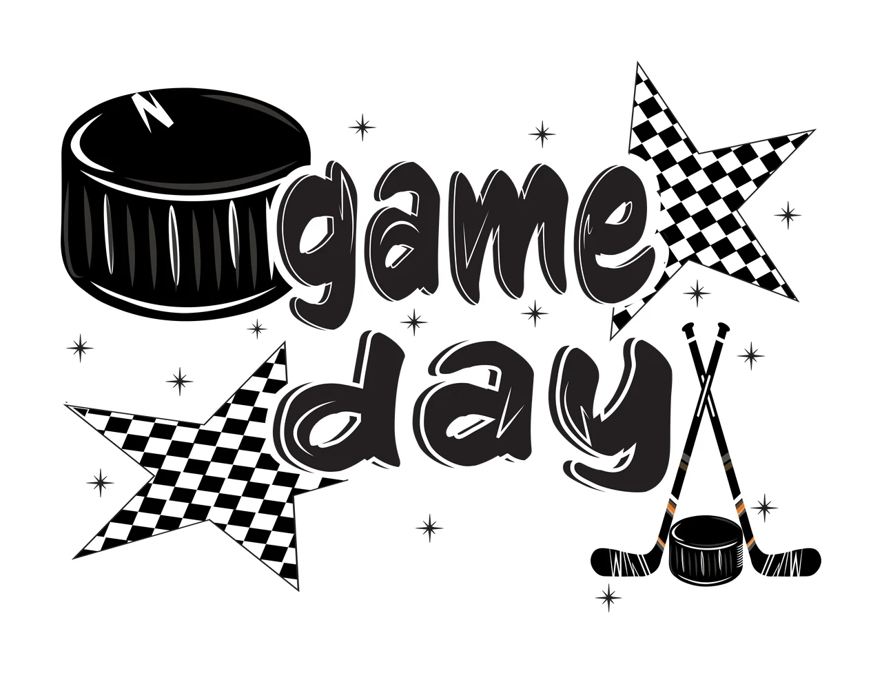 Game Day Hockey Design with Crossed Sticks, Pucks, and Stars, Bubble Lettering Sport Quote Silhouette in Black and White