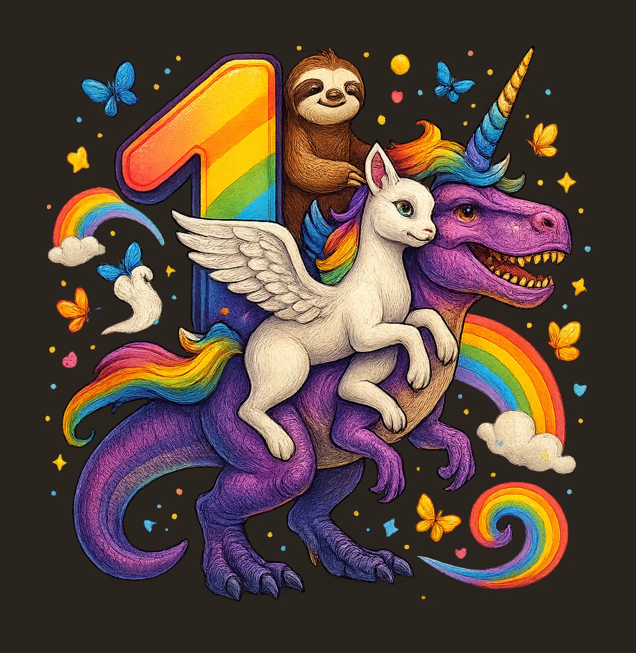 Unicorn Sloth rex Cute Dinosaur Artwork 1st Birthday Design contrast preview thumbnail