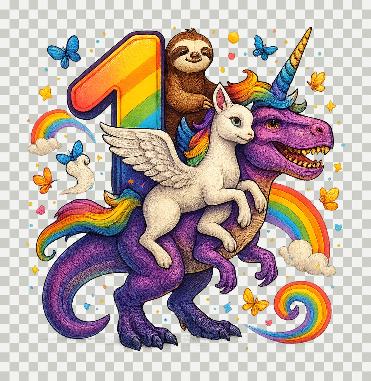 Unicorn Sloth rex Cute Dinosaur Artwork 1st Birthday Design transparency and detail preview thumbnail