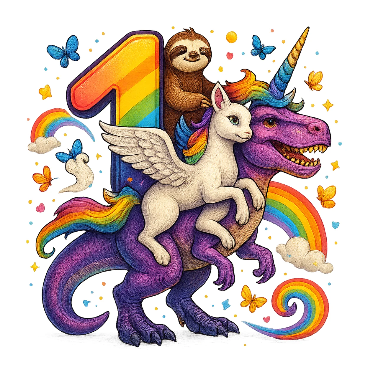 Unicorn Sloth rex Cute Dinosaur Artwork 1st Birthday Design