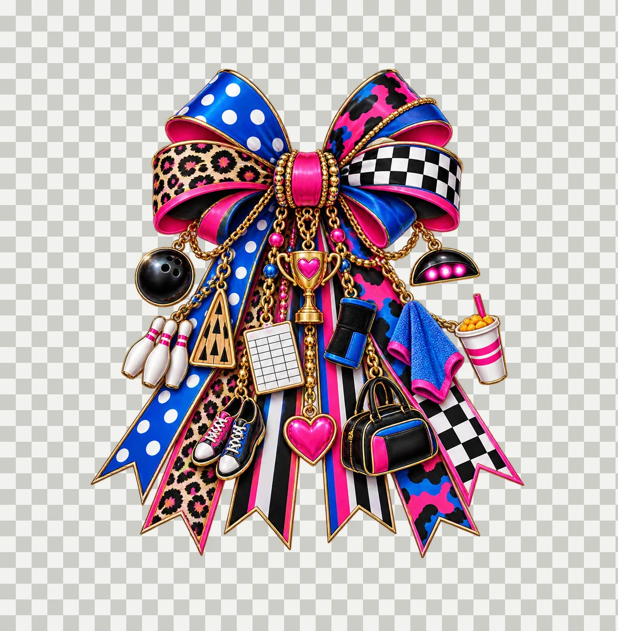 Bowling Mom Bow Charm PNG, Themed Gold Chain Charms, Coquette Ribbon Sublimation Design, Transparent Digital Download transparency and detail preview thumbnail