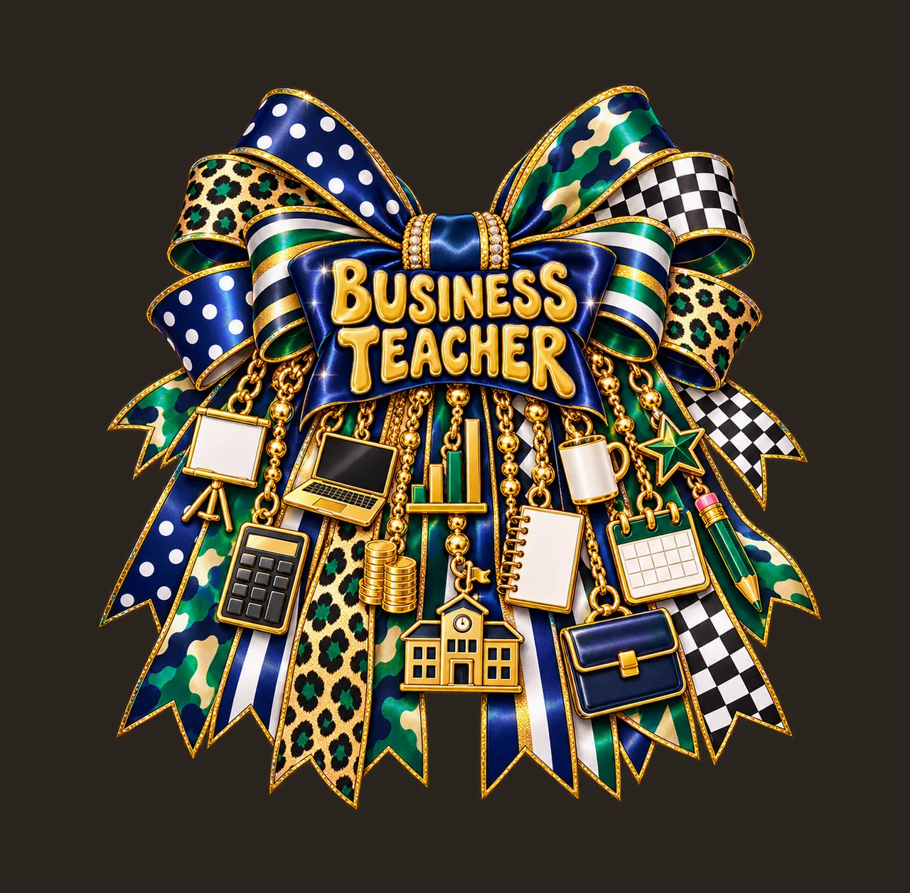 Business Teacher Bow Charm PNG, Gold Chain Charms, Transparent Sublimation Design, Digital Download contrast preview thumbnail