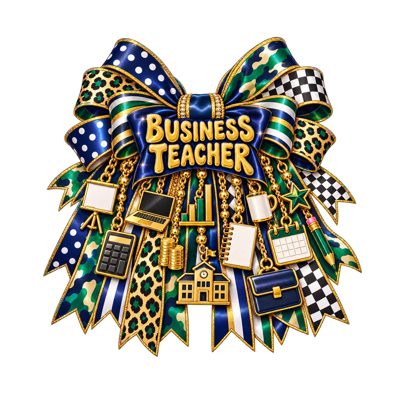 Business Teacher Bow Charm PNG, Gold Chain Charms, Transparent Sublimation Design, Digital Download