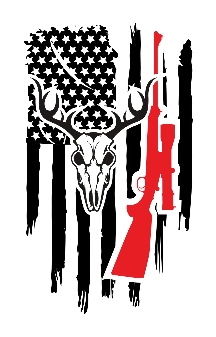 Skull Deer With Rifle Over Flag Background stars scope black