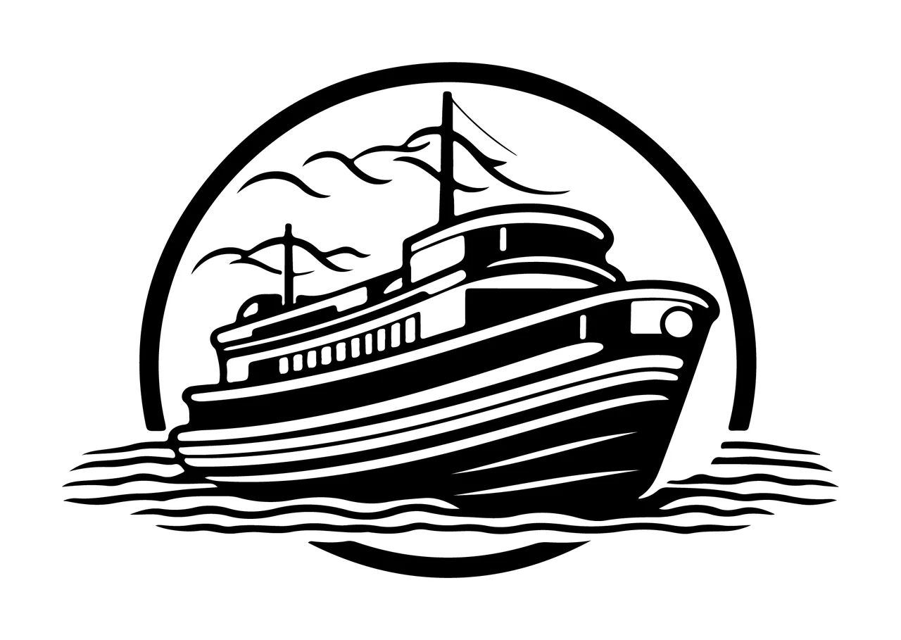 Ship Ferry In Circular Frame floating water clouds circle line art