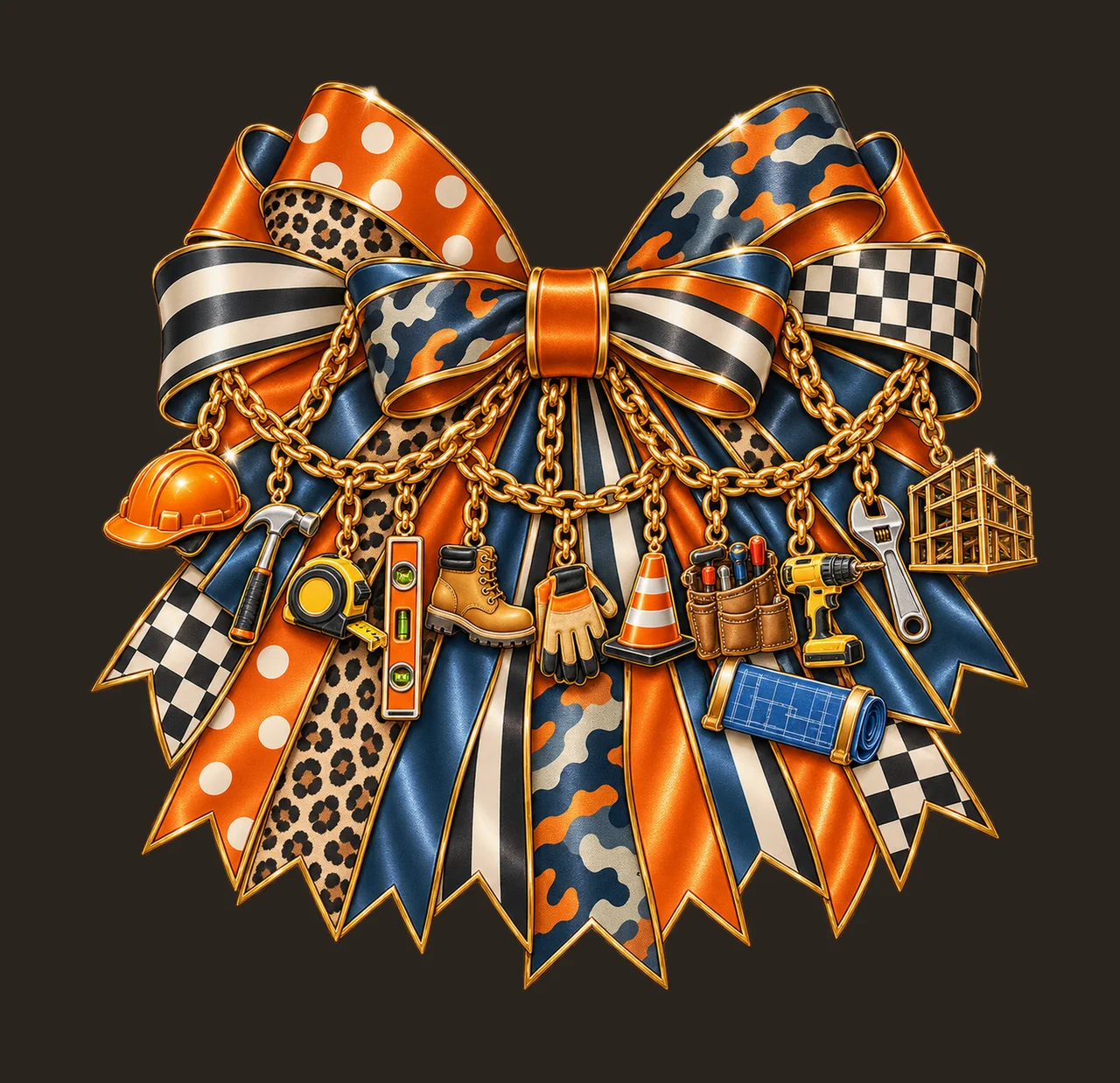 Construction Worker Bow Charm PNG, Gold Chain Charms, Transparent Sublimation Design, Digital Download contrast preview thumbnail