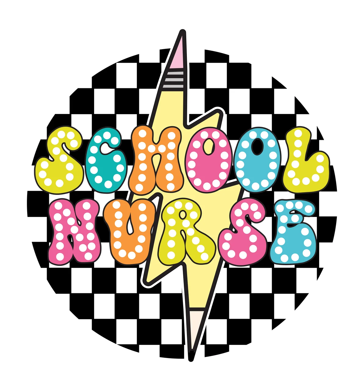SCHOOL NURSE School Nurse logo design with black-and-white checkered circular background, yellow lightning bolt with pencil tip, text 'SCHOOL NURSE' in marquee- letters with white dots and white dots
