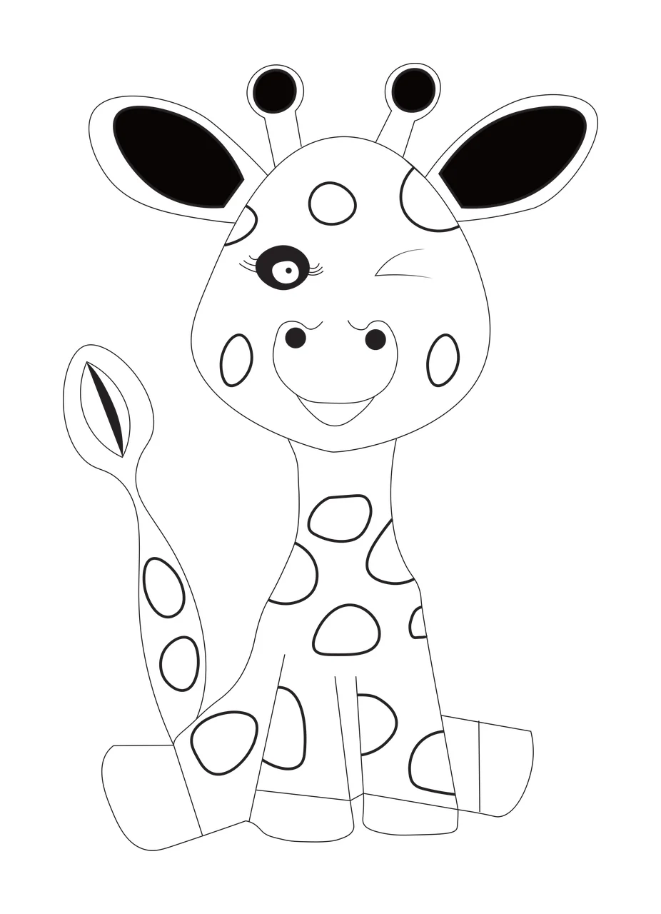 Line Art Illustration of Winking cartoon giraffe with spotted pattern holding a leaf with winking eye, spotted body, two horns and large ears in black and white