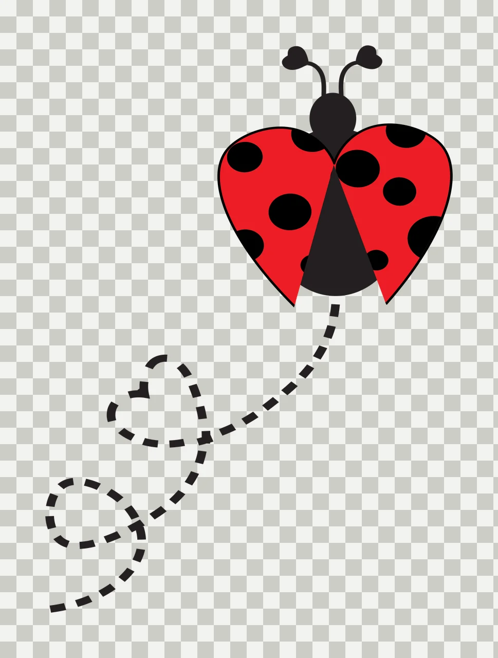 Ladybug with heart-shaped wings Illustration with red ladybug, black spots, black antennae and dashed black line transparency and detail preview thumbnail