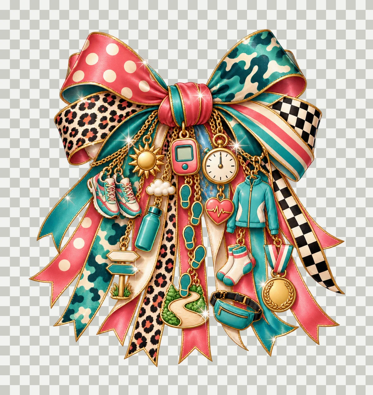 Walking Fitness Lover Bow Charm PNG, Themed Gold Chain Charms, Coquette Ribbon Sublimation Design, Transparent Digital Download transparency and detail preview thumbnail