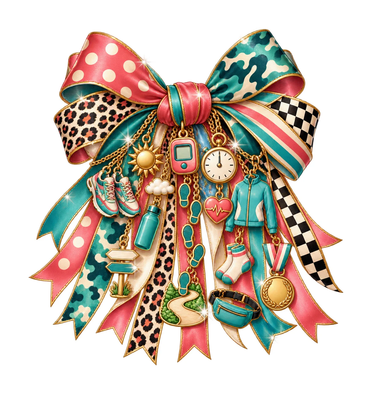 Walking Fitness Lover Bow Charm PNG, Themed Gold Chain Charms, Coquette Ribbon Sublimation Design, Transparent Digital Download