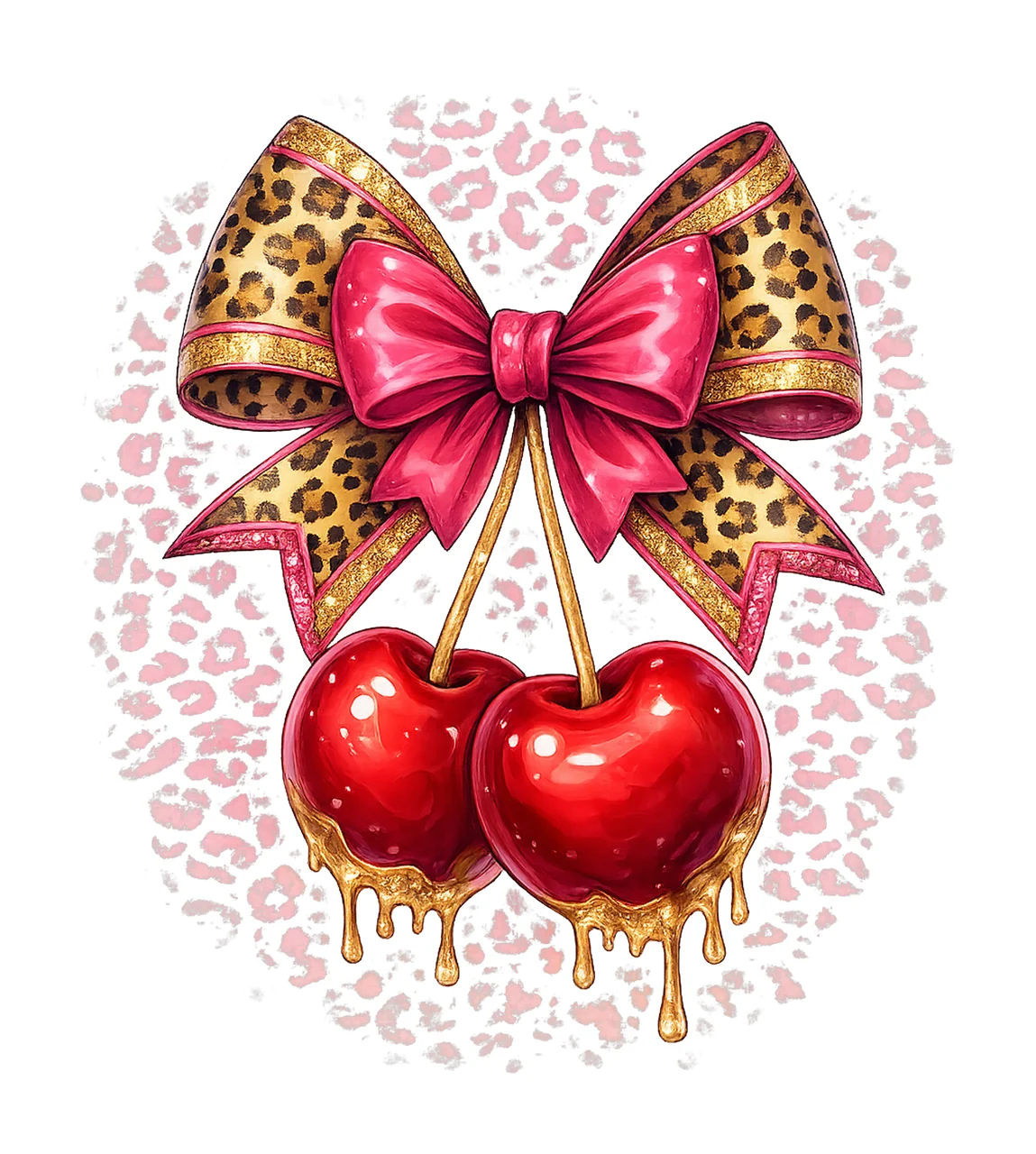Trendy Cherry Leopard Print Bow Glam Fruit Design Cute Pink