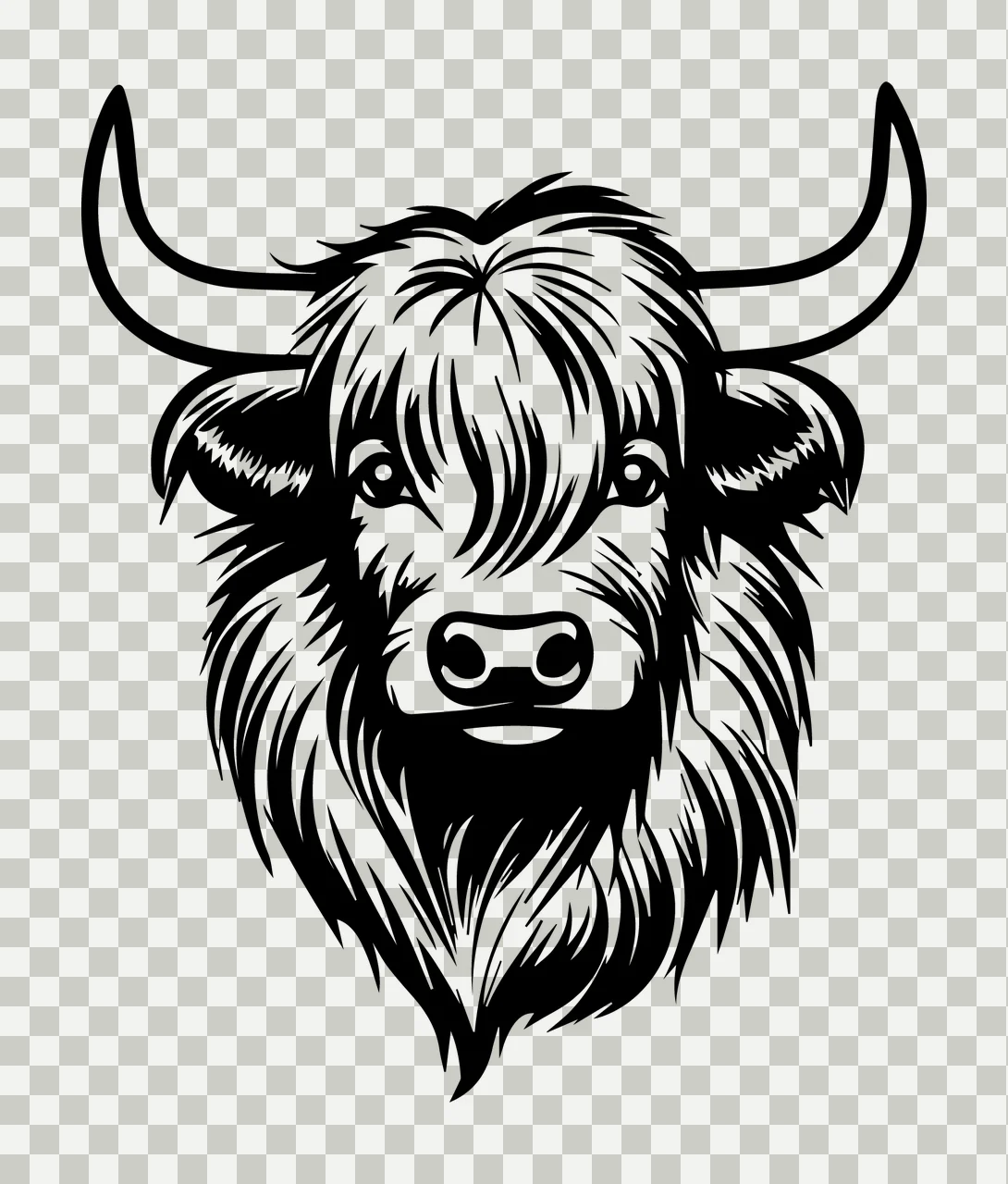 Highland Cow Head Line Art horns shaggy hair black white animal transparency and detail preview thumbnail