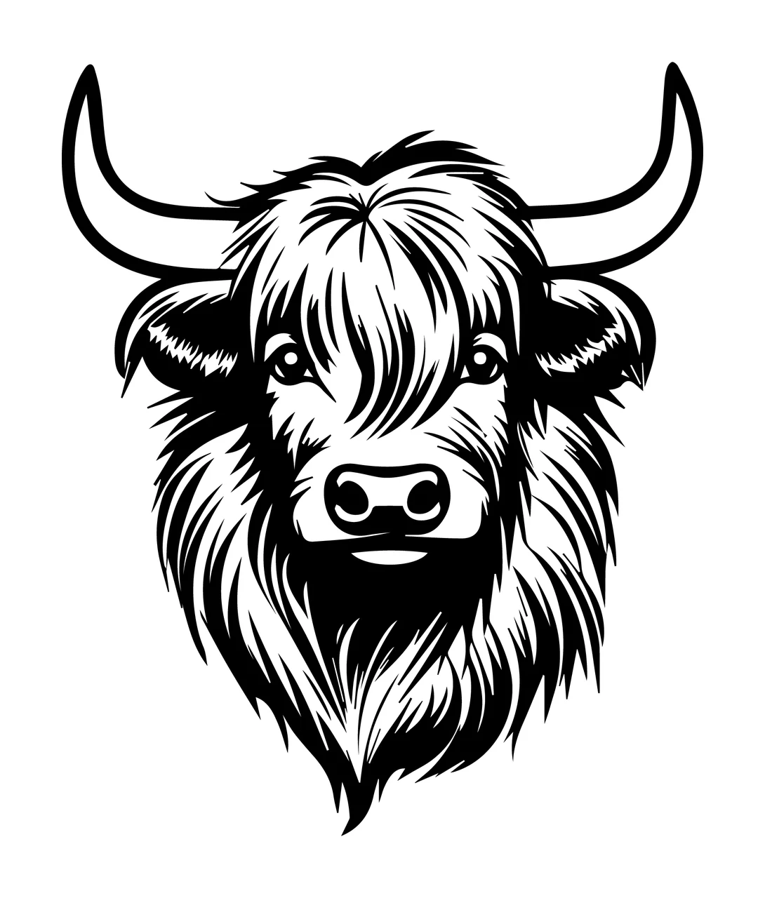 Highland Cow Head Line Art horns shaggy hair black white animal
