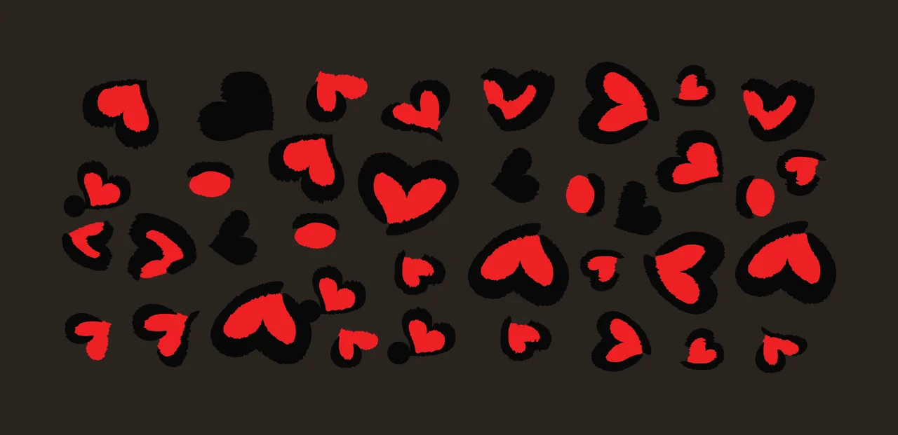 Heart-shaped pattern with black outlines and red fills Illustration with red hearts and solid red dots in white contrast preview thumbnail