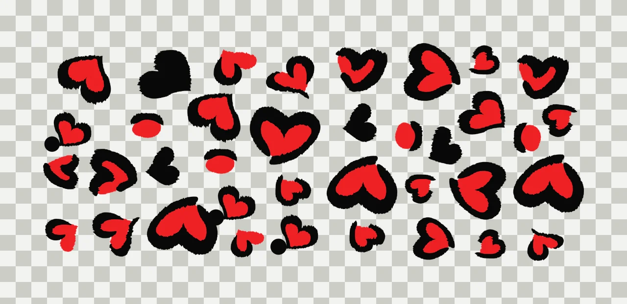 Heart-shaped pattern with black outlines and red fills Illustration with red hearts and solid red dots in white transparency and detail preview thumbnail