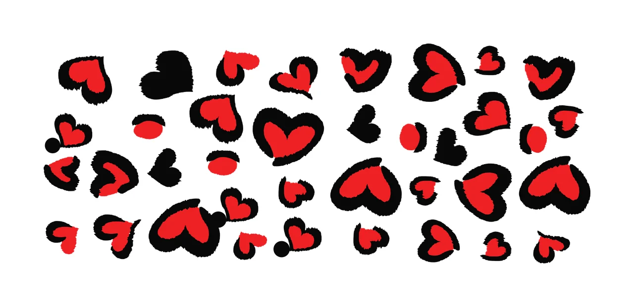 Heart-shaped pattern with black outlines and red fills Illustration with red hearts and solid red dots in white