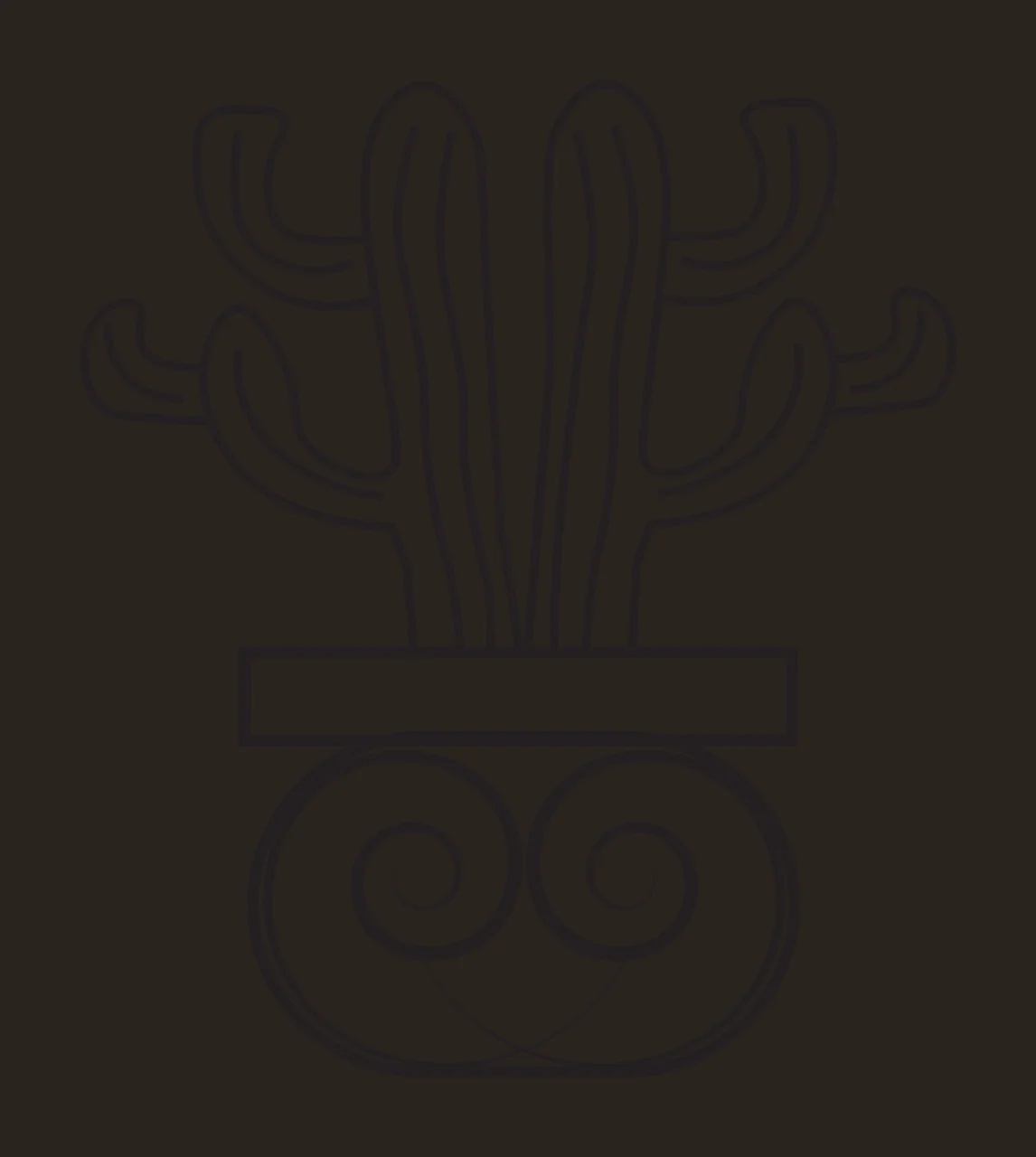 Line Art Illustration of Stylized cactus in decorative pot with cactus with multiple arms, rectangular pot base and ornate base with two spirals and a curved line in black and white contrast preview thumbnail