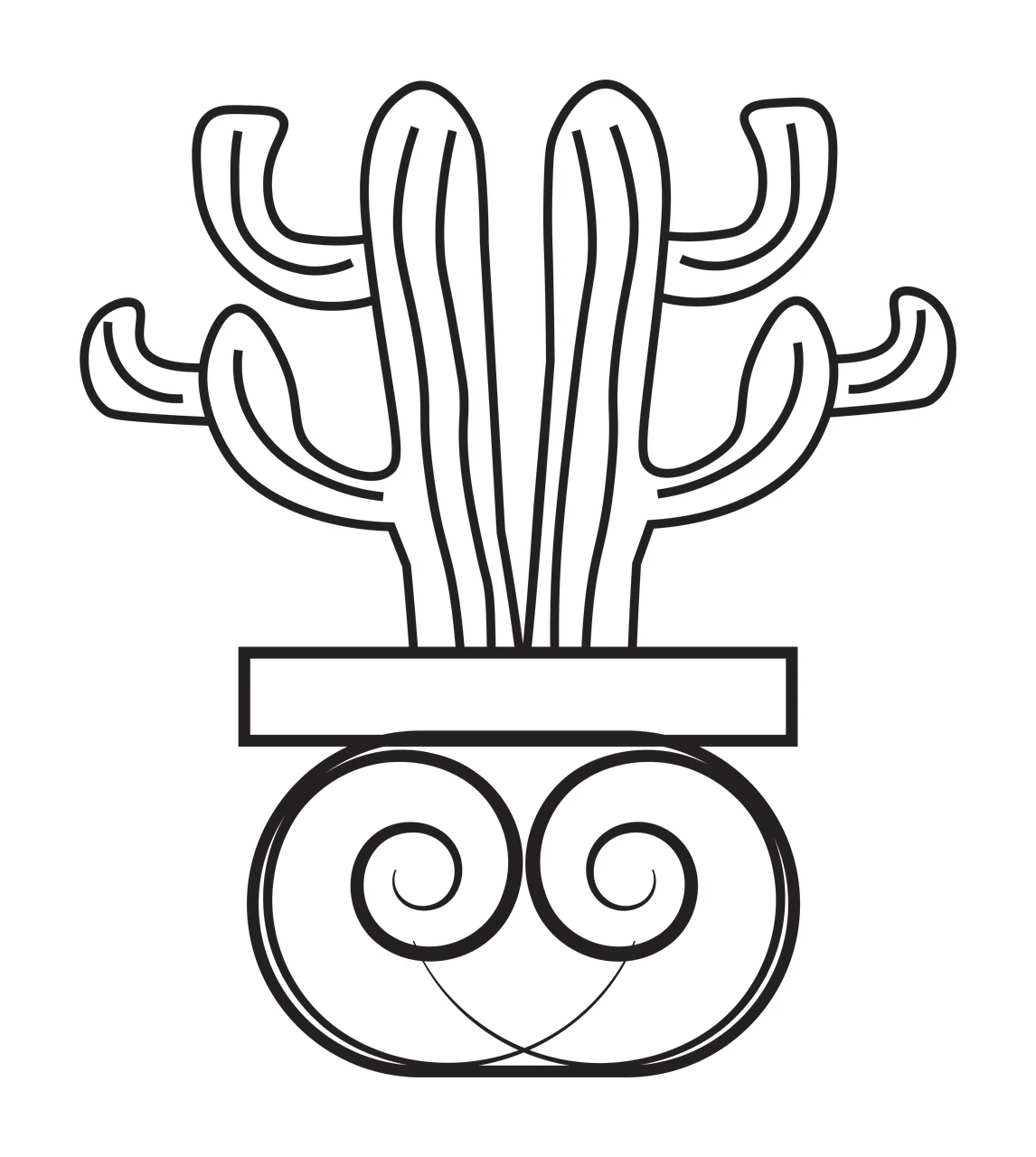 Line Art Illustration of Stylized cactus in decorative pot with cactus with multiple arms, rectangular pot base and ornate base with two spirals and a curved line in black and white
