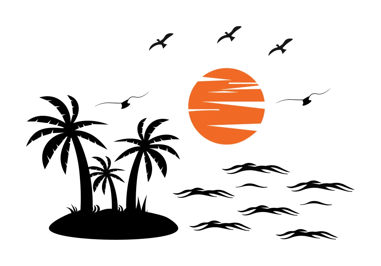 Palm Tree Island Sunset Silhouette With Birds Landscape Scene