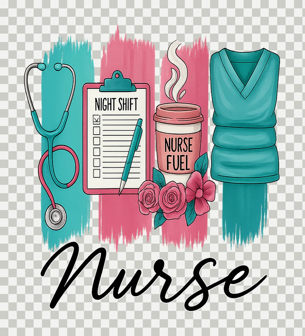 Supplies With Stethoscope And Clipboard In Black pen coffee transparency and detail preview thumbnail