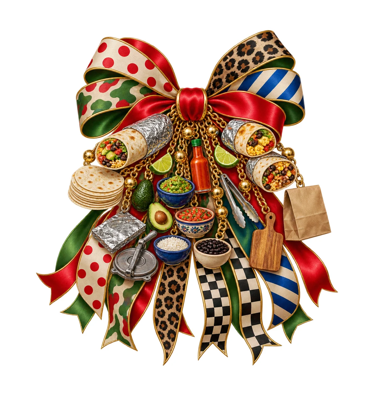 Burrito Lover Bow Charm PNG, Themed Gold Chain Charms, Coquette Ribbon Sublimation Design, Transparent Digital Download