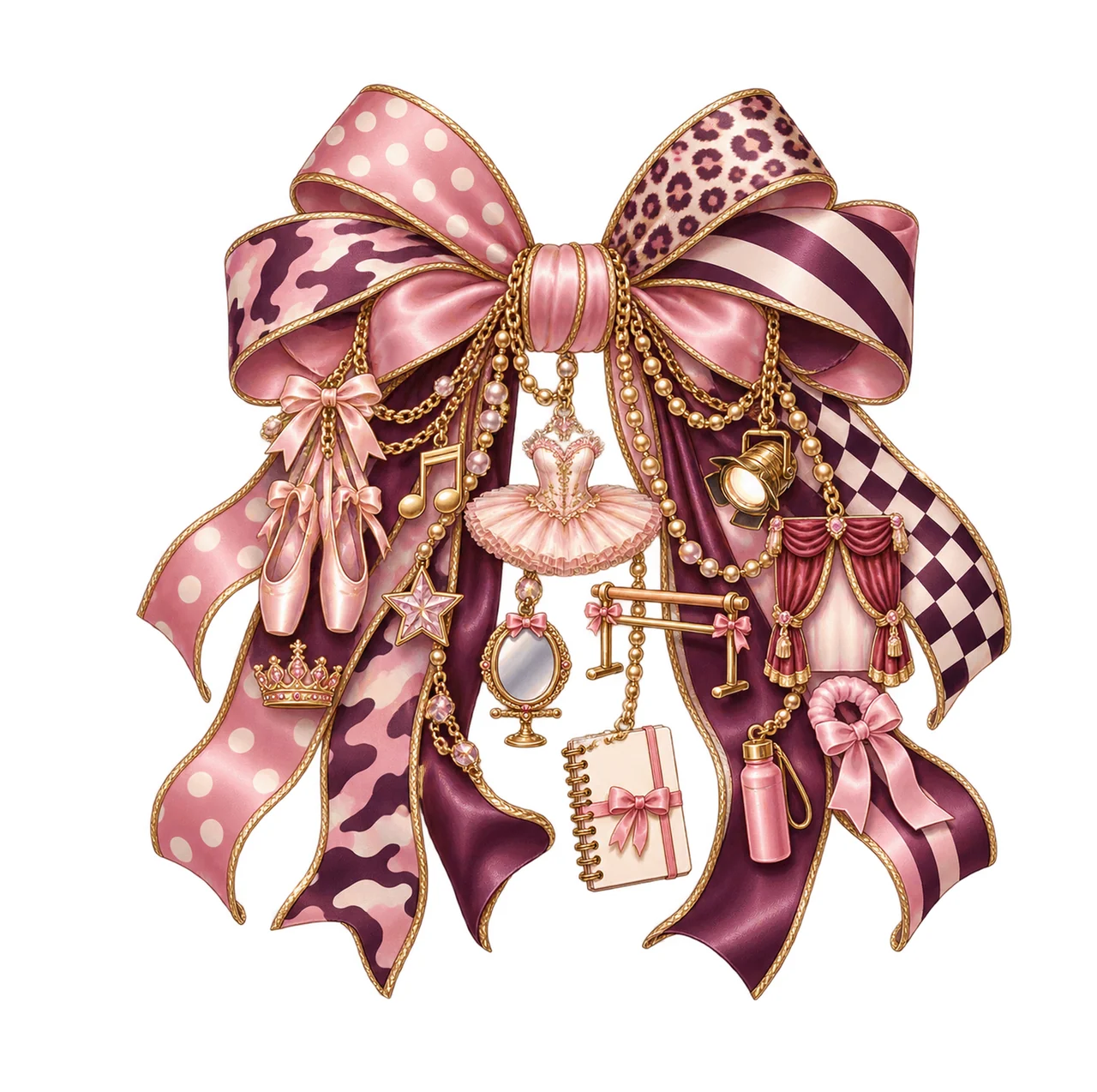 Ballet Dancer Bow Charm PNG, Themed Gold Chain Charms, Coquette Ribbon Sublimation Design, Transparent Digital Download