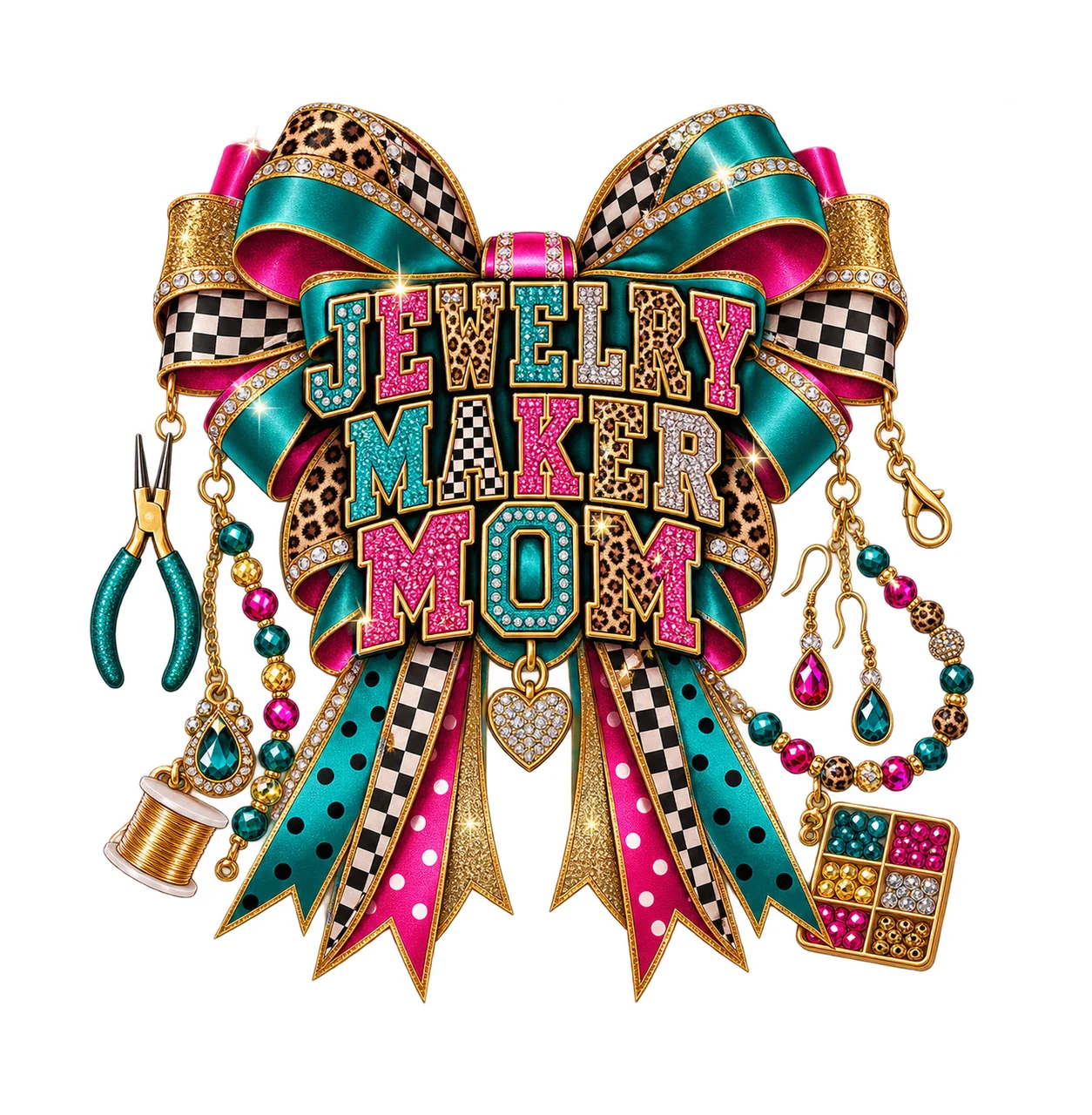 Jewelry Maker Mom Bow Charm PNG, Patterned Varsity Mom Ribbon Clipart, Transparent Sublimation Digital Download