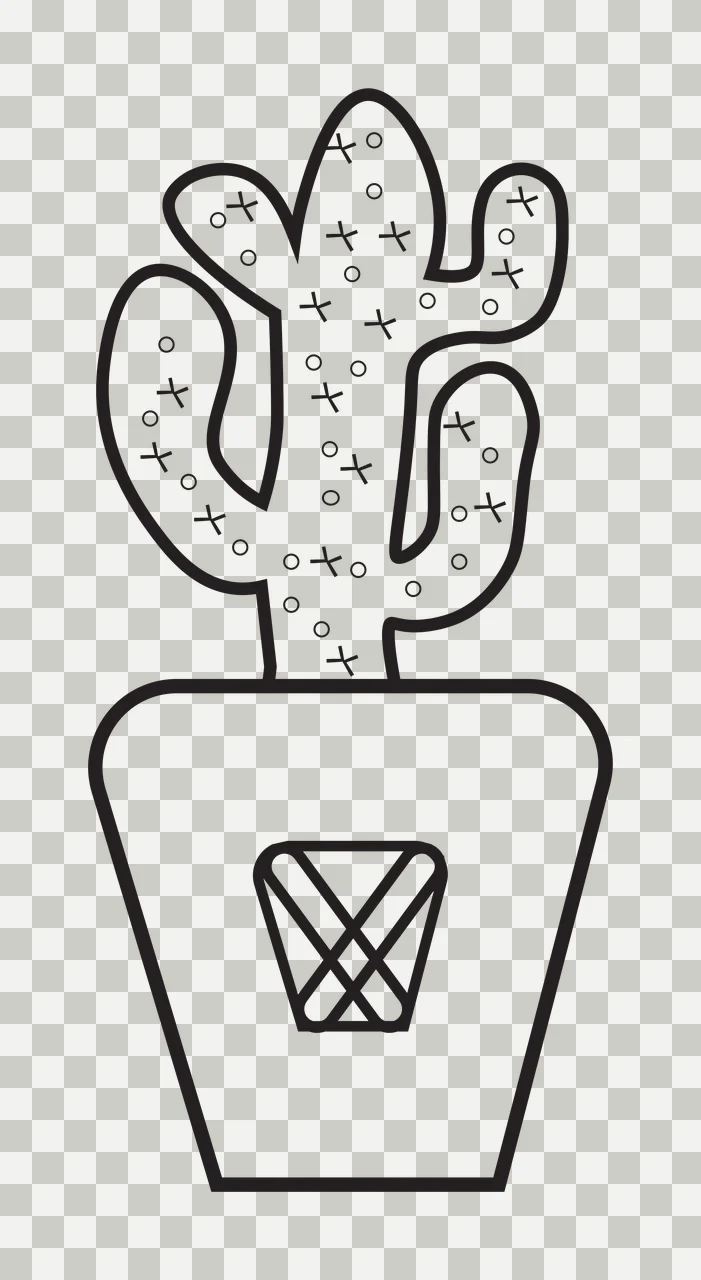 Line Art Illustration of Stylized cactus in a pot with cactus with three arms, potted plant and crosshatch pattern on pot in black and white transparency and detail preview thumbnail