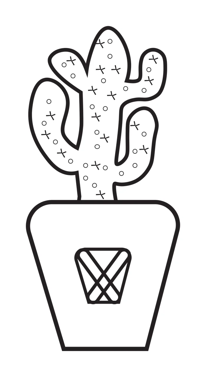 Line Art Illustration of Stylized cactus in a pot with cactus with three arms, potted plant and crosshatch pattern on pot in black and white