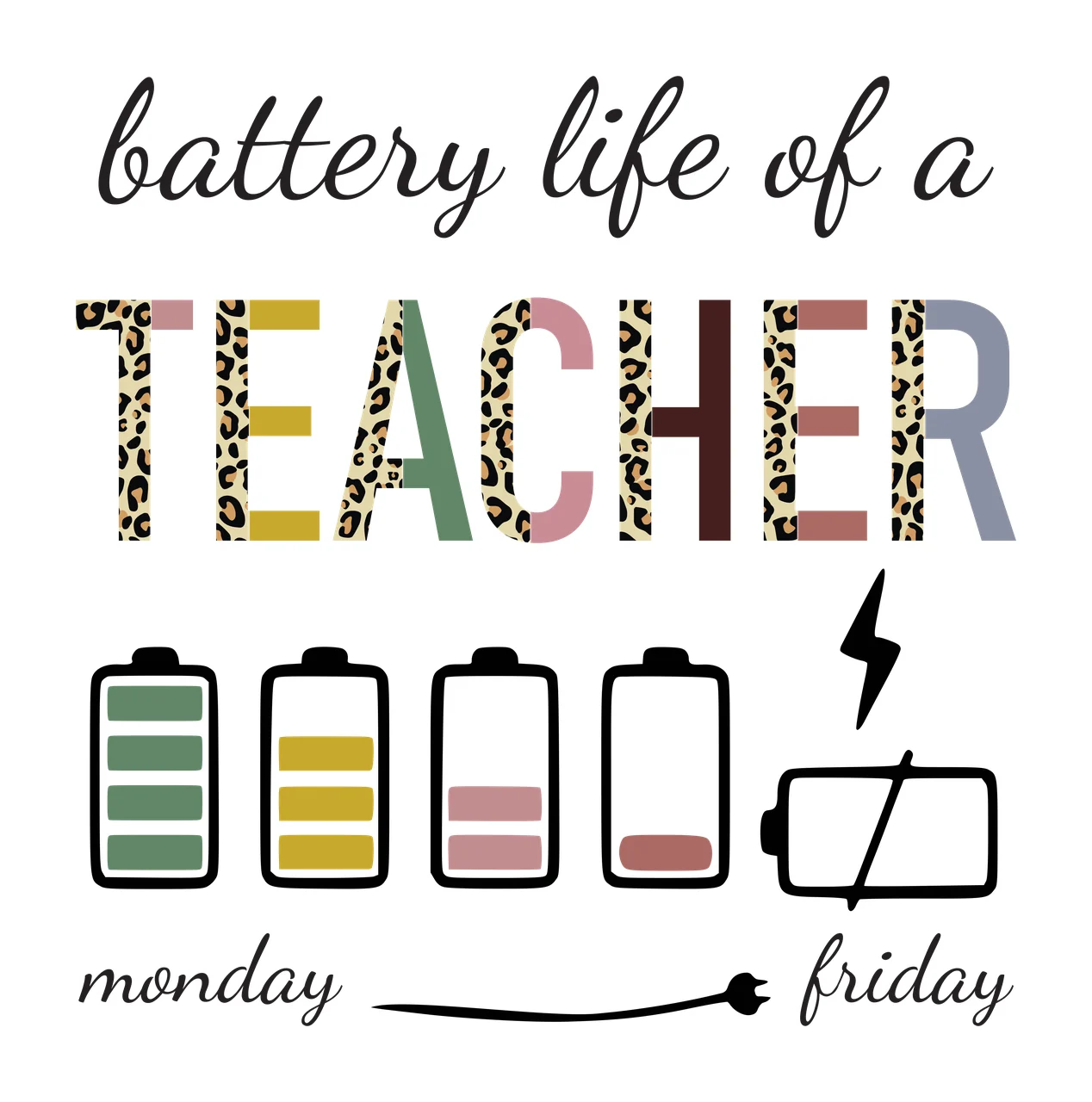 Battery life of a TEACHER monday friday Typography Design with battery icons, leopard pattern lettering, cursive text and arrow symbol in black, mustard yellow and sage green