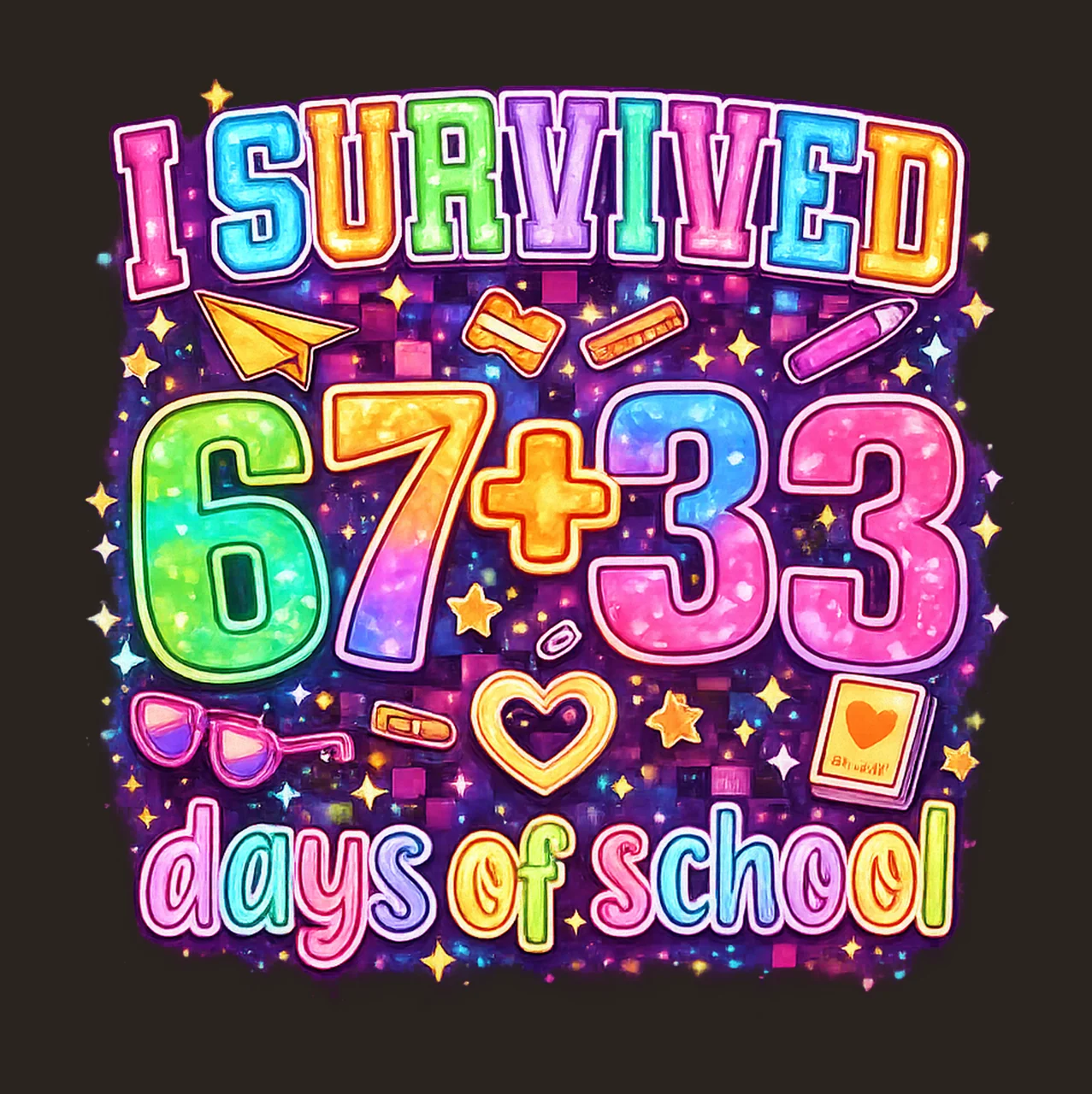 Survived 100 Days Of School Funny Neon 67 Days Of Scho contrast preview thumbnail